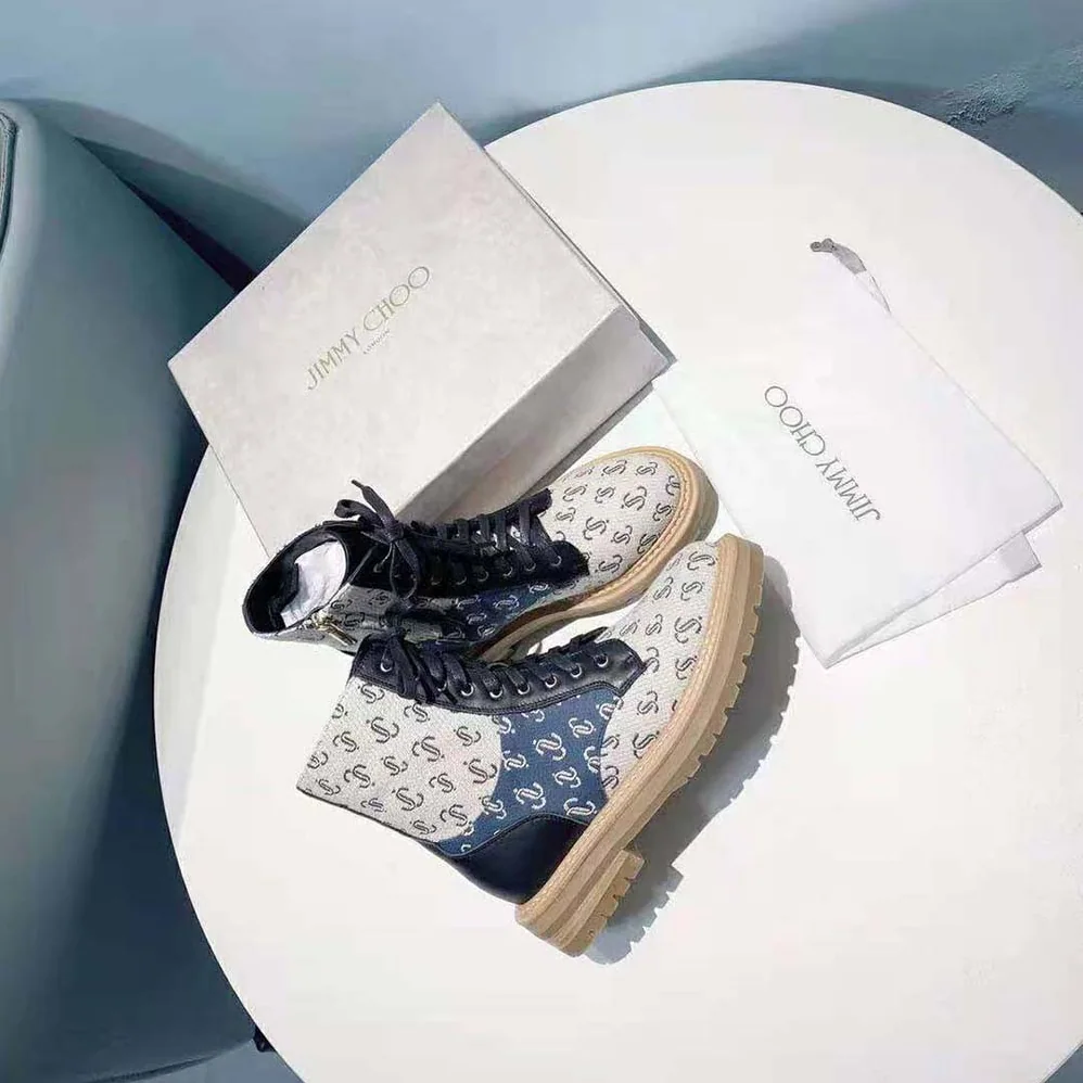 Jimmy Choo Cora Flat Sand Dune JC Monogram Jacquard and Leather Mix Combat Boots for Women