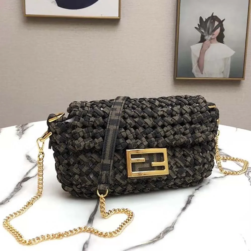 Fendi Baguette Jacquard Fabric Interlace Bag for Women in Olive Fendi Baguette Jacquard Fabric Interlace Bag for Women in Olive