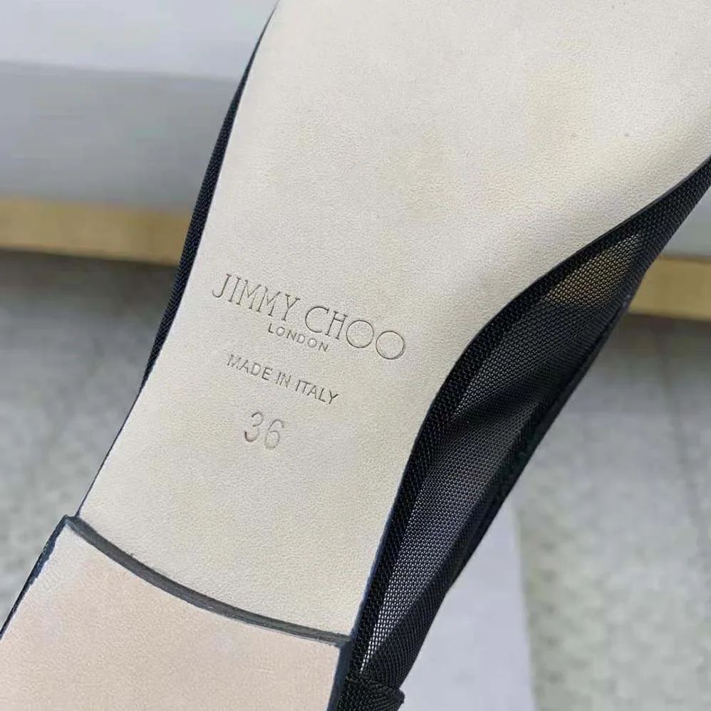 Jimmy Choo Lani Flat Black Mesh Flats with JC Monogram Leather Bow for Women Jimmy Choo Lani Flat Black Mesh Flats with JC Monogram Leather Bow for Women
