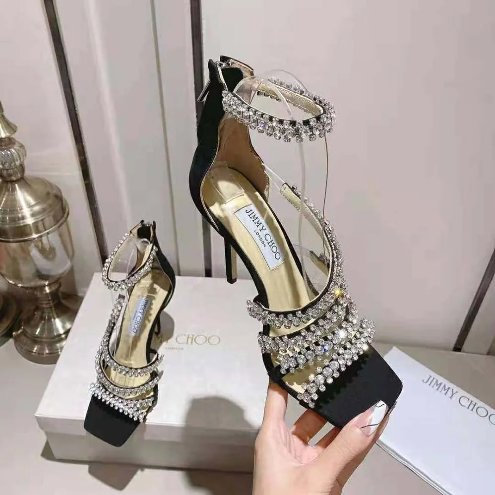Jimmy Choo Josefine 100 Black Suede Sandals with Crystal Embellishment for Women Jimmy Choo Josefine 100 Black Suede Sandals with Crystal Embellishment for Women