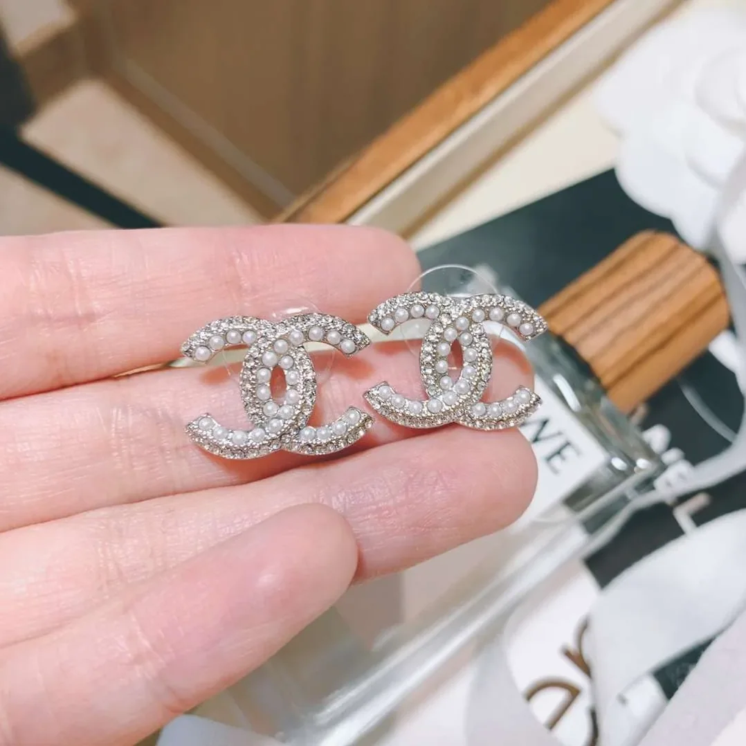 Chanel Rhinestone Double C Earrings Silver Chanel Rhinestone Double C Earrings Silver