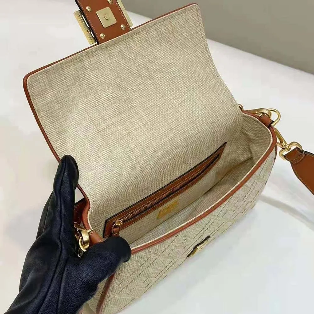 Fendi Baguette Natural Straw Bag with FF Embroidery for Women