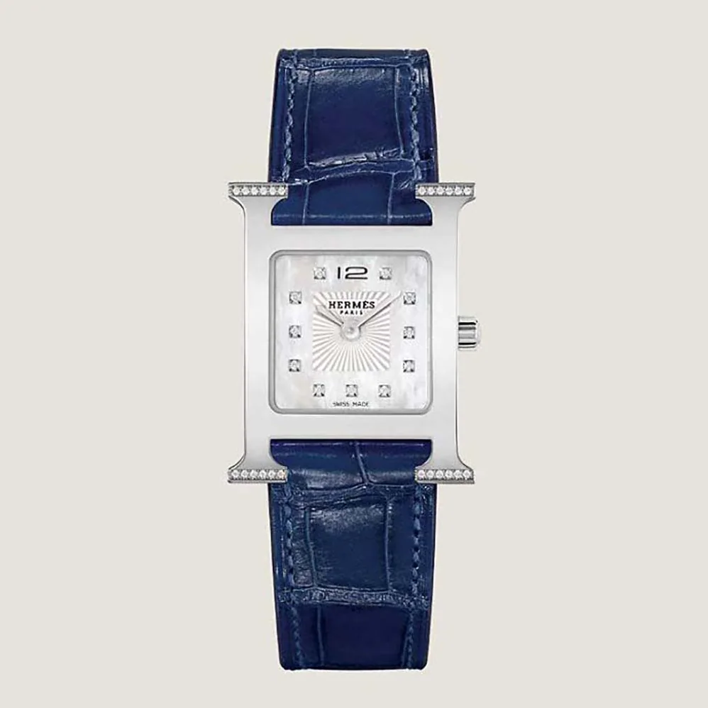 Hermes Heure H Watch Small Model Quartz Movement 25 mm in Diamond-set Steel for Women in Navy Hermes Heure H Watch Small Model Quartz Movement 25 mm in Diamond-set Steel for Women in Navy