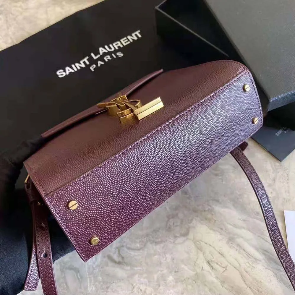 Saint Laurent YSL Cassandra Top Handle Medium Bag in Grain DE Poudre Embossed Leather for Women in Maroon