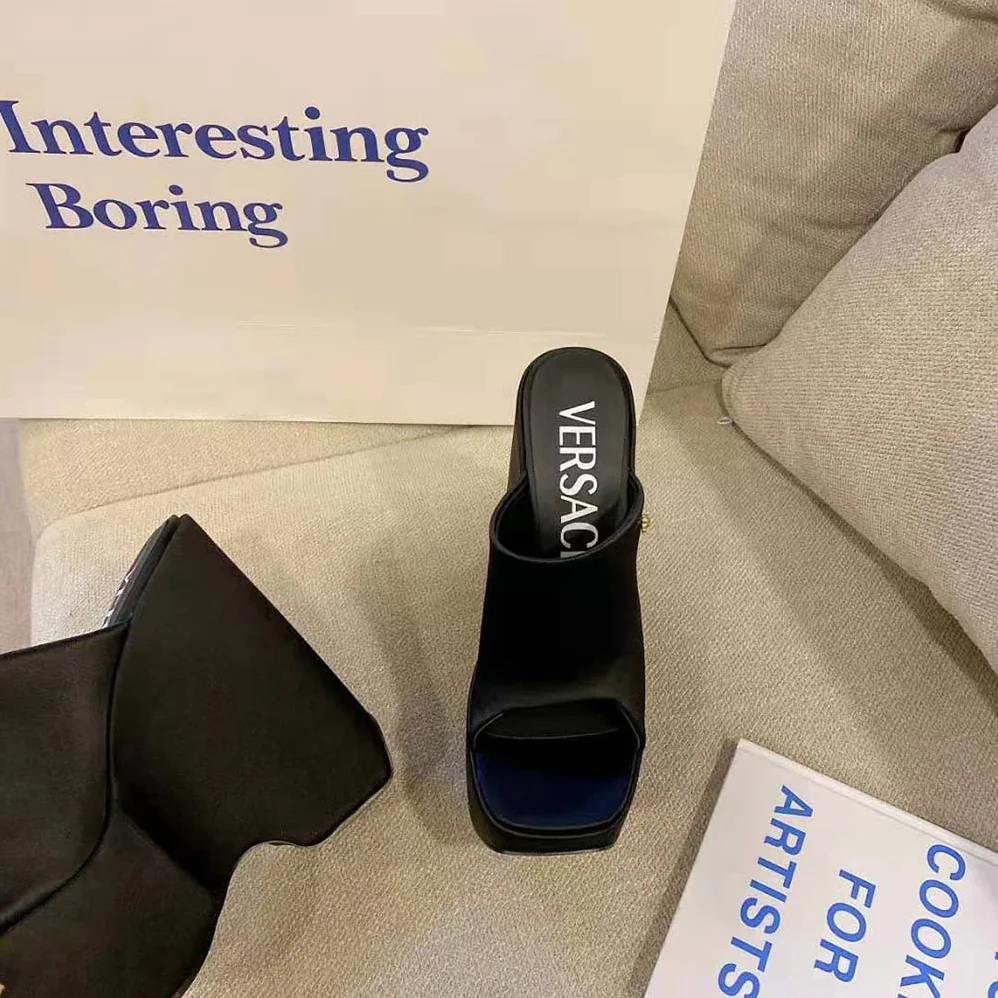 Versace Triplatform Leather Mules for Women in Black