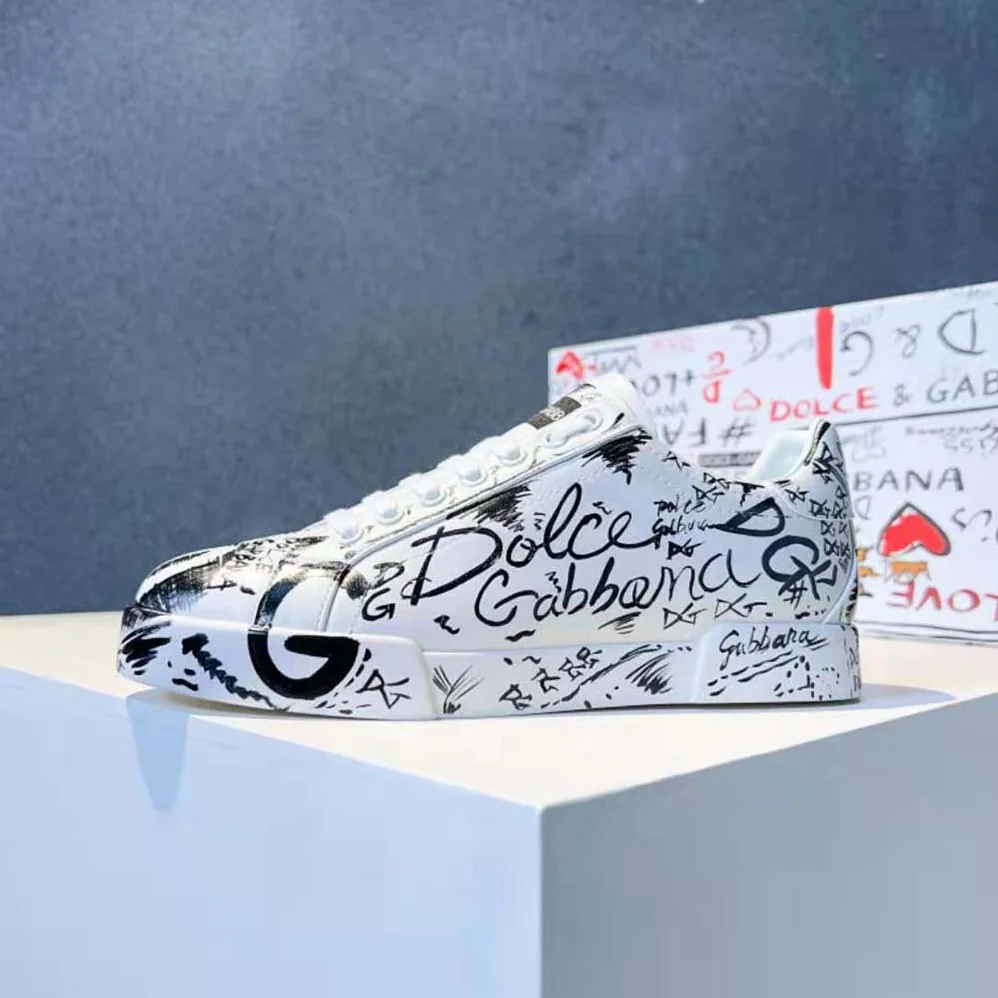 Dolce Gabbana D&G Calfskin Portofino Sneakers with Logo Print for Unisex Dolce Gabbana D&G Calfskin Portofino Sneakers with Logo Print for Unisex