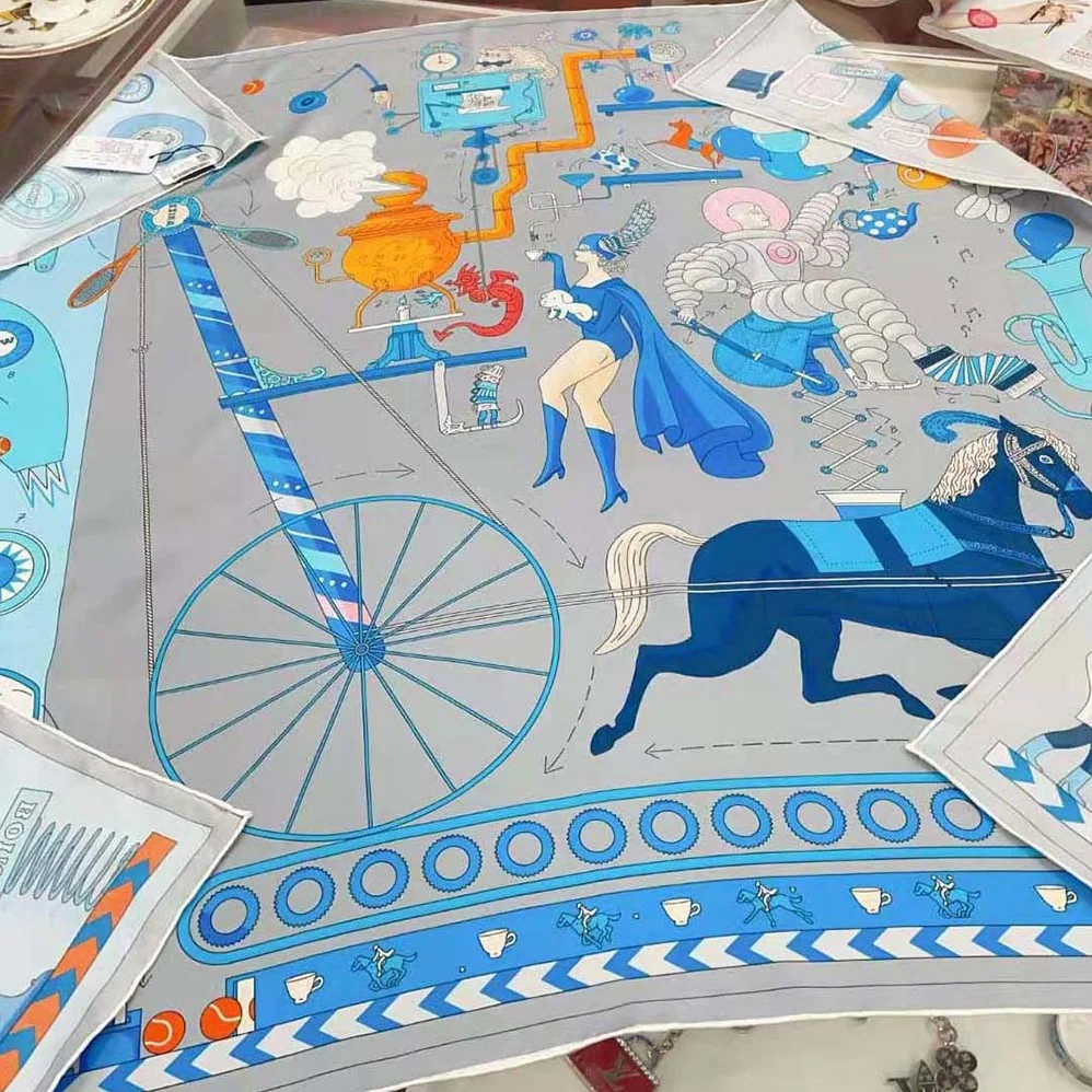 Hermes Tea for Two Scarf 90 in Silk Twill with Hand-Rolled Edges for Women in Blue Hermes Tea for Two Scarf 90 in Silk Twill with Hand-Rolled Edges for Women in Blue
