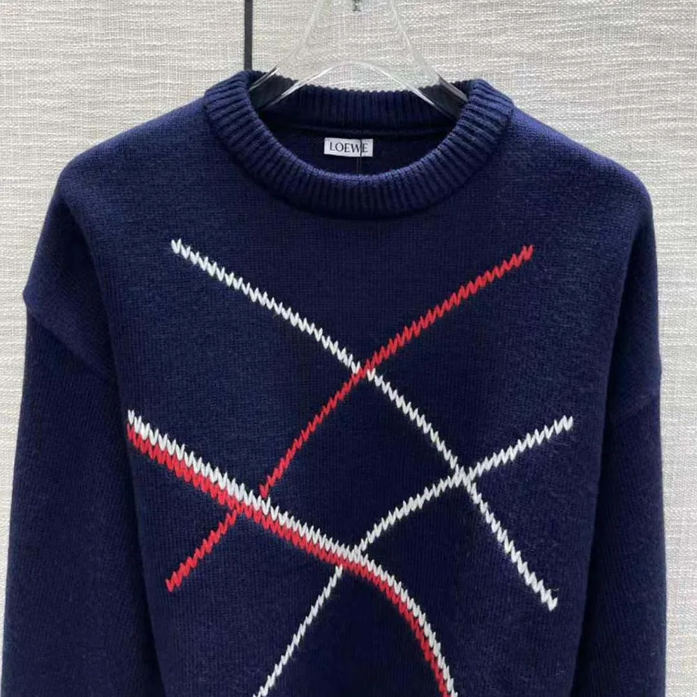 Loewe Cropped Argyle Sweater in Wool for Women in Navy Loewe Cropped Argyle Sweater in Wool for Women in Navy