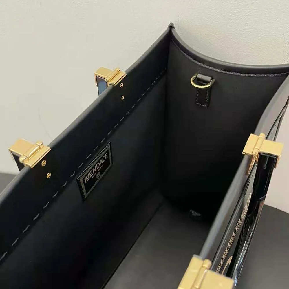 Fendi Sunshine Medium Fendace Printed Black Leather Logo Shopper for Women Fendi Sunshine Medium Fendace Printed Black Leather Logo Shopper for Women