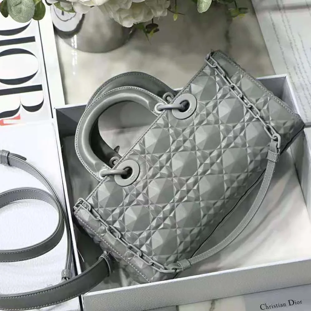 Dior Lady D-Joy Bag Gray Cannage Calfskin with Diamond Motif for Women
