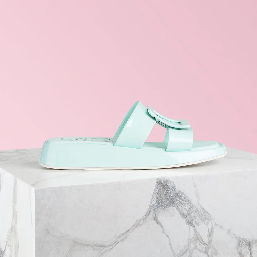 Roger Vivier Vivier Slide Covered Buckle Mules in Patent Leather for Women in Aqua Roger Vivier Vivier Slide Covered Buckle Mules in Patent Leather for Women in Aqua