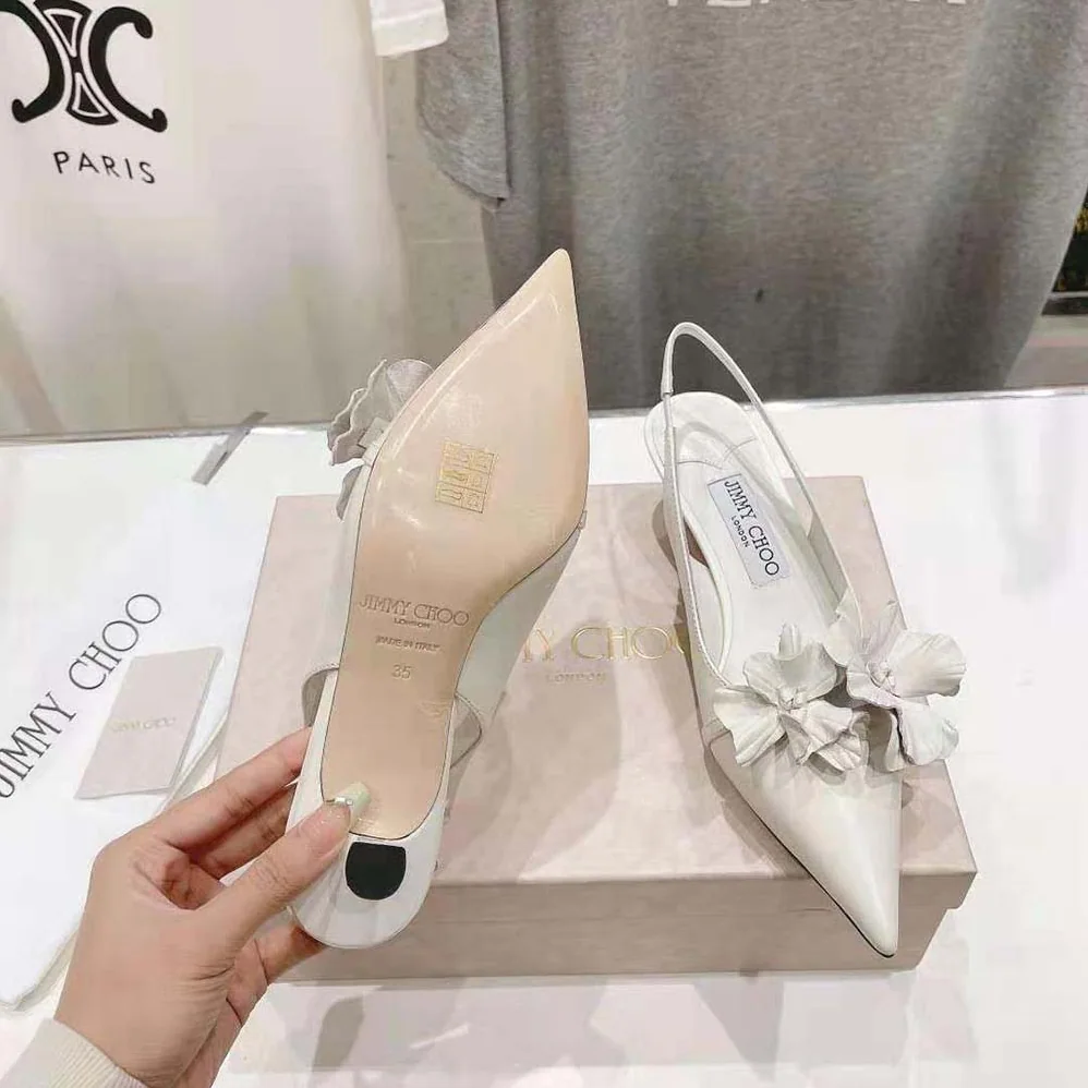 Jimmy Choo Amita Flowers 45 Latte Nappa Leather Sling Back Pumps with Flowers for Women