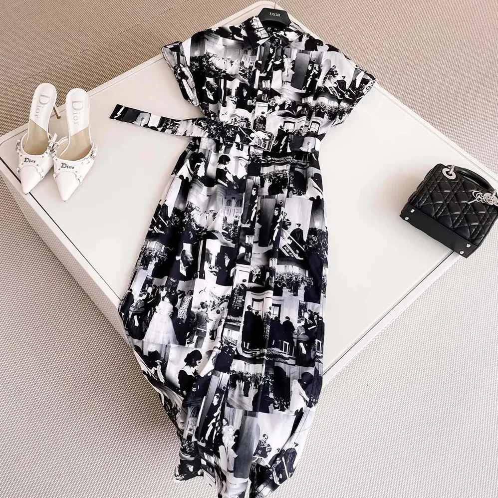 Dior Mid-Length Shirtdress Black and White Cotton and Silk Poplin for Women