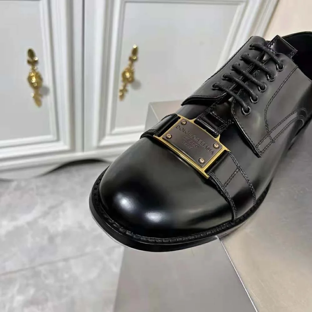 Dolce Gabbana D&G Brushed Calfskin Derby Shoes with Branded Plate for Men