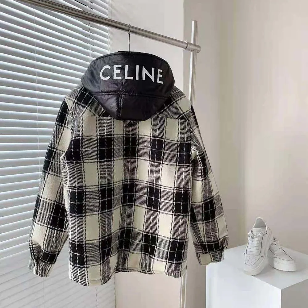 Celine Hooded Overshirt in Checked Wool for Women