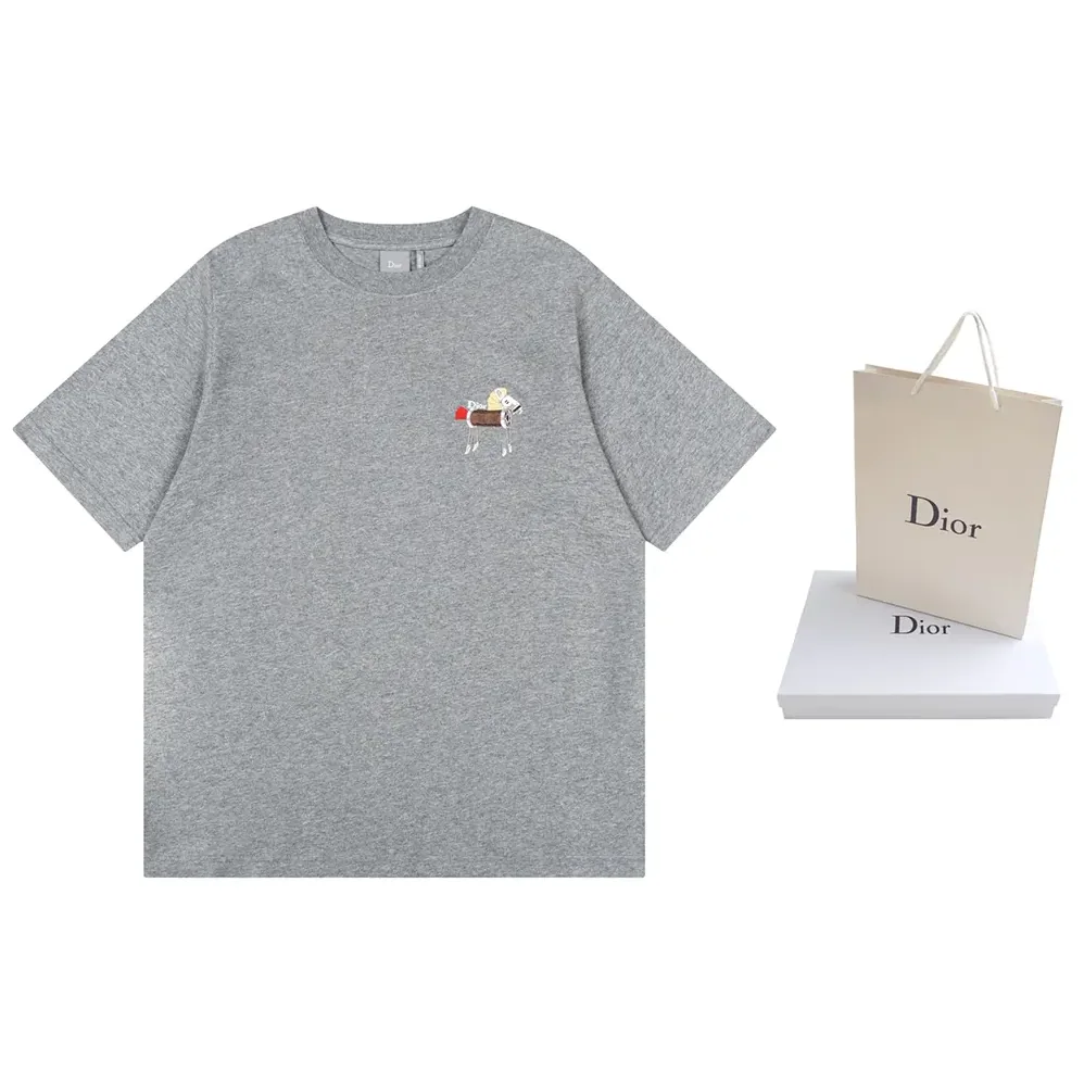 Dior T-Shirt with Horse Embroidery Relaxed Fit Gray Cotton Jersey for Men Dior T-Shirt with Horse Embroidery Relaxed Fit Gray Cotton Jersey for Men