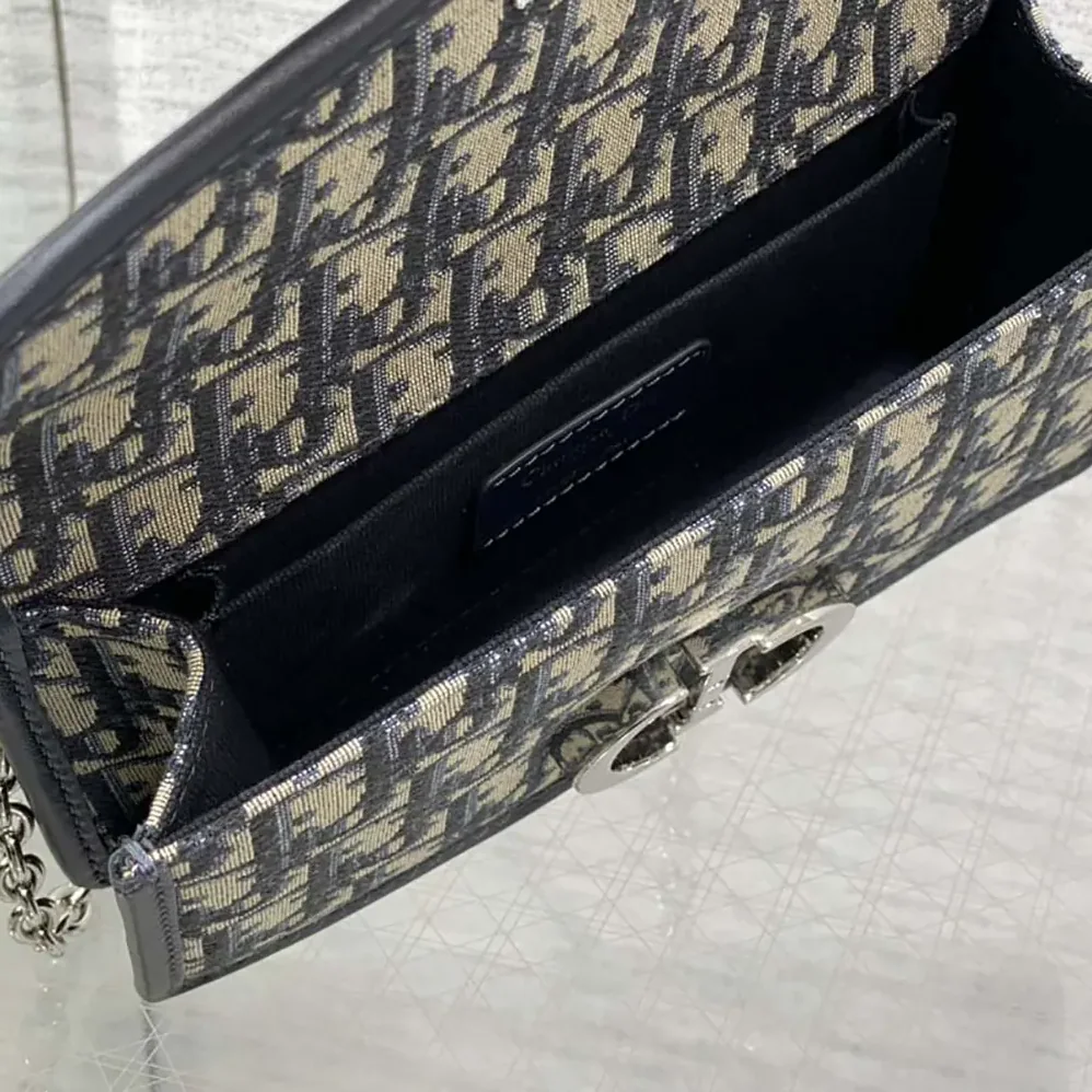 Dior 30 Montaigne East-West Bag with Chain Blue Dior Oblique Jacquard and Smooth Calfskin for Women