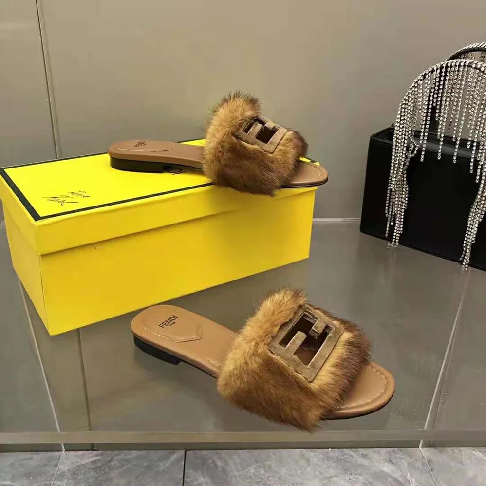 Fendi Signature Brown Mink Slides for Women