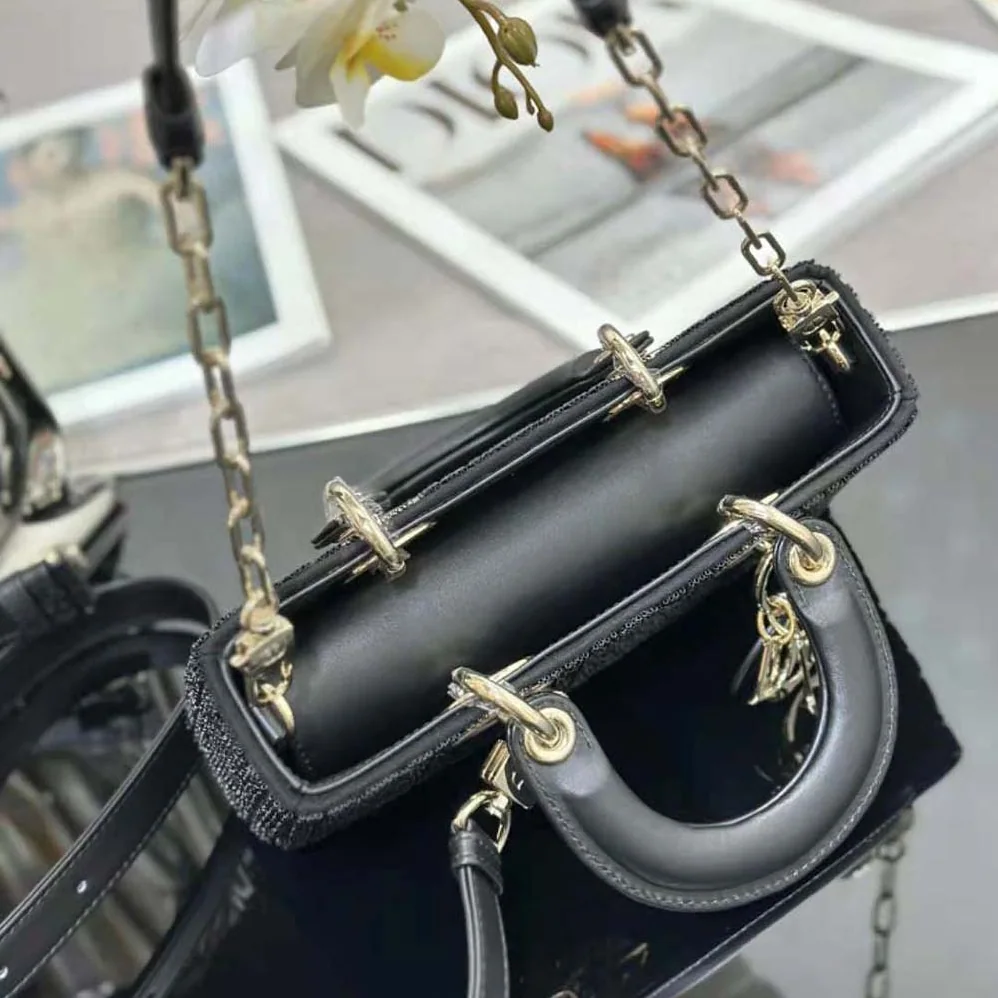 Dior Small Lady D-joy Bag Black Cannage Cotton with Micropearl Embroidery for Women