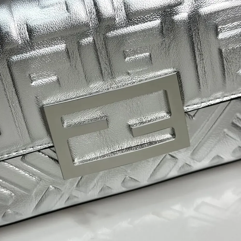 Fendi Baguette Phone Pouch Craquelé Silver Leather Pouch for Women
