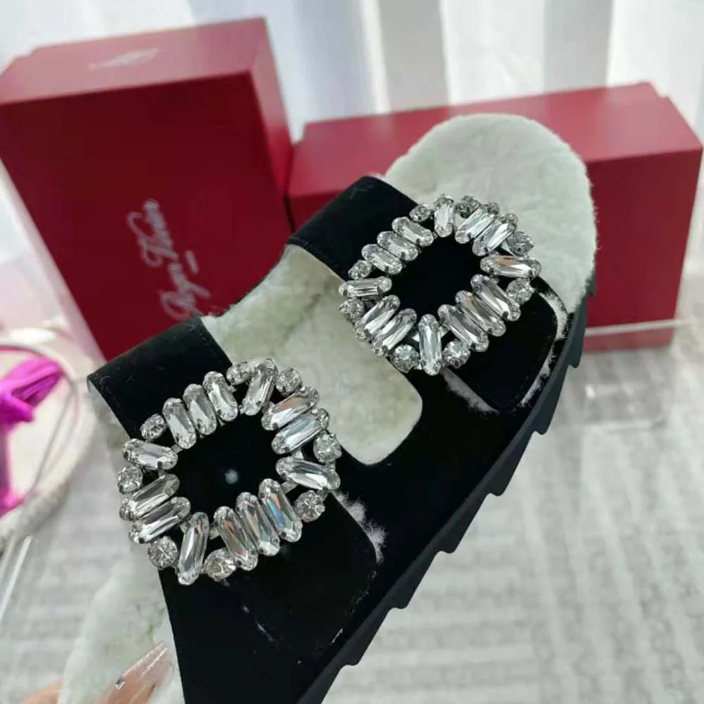 Roger Vivier Slidy Viv' Fur Strass Buckle Mules in Suede for Women in Black Roger Vivier Slidy Viv' Fur Strass Buckle Mules in Suede for Women in Black