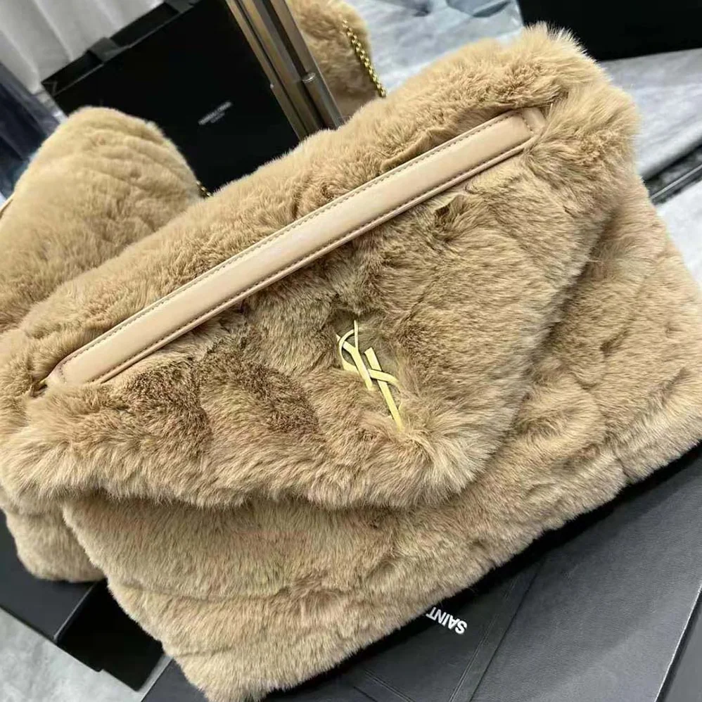 Saint Laurent YSL Puffer Small Bag in Merino Shearling and Lambskin for Women in Sandy Saint Laurent YSL Puffer Small Bag in Merino Shearling and Lambskin for Women in Sandy
