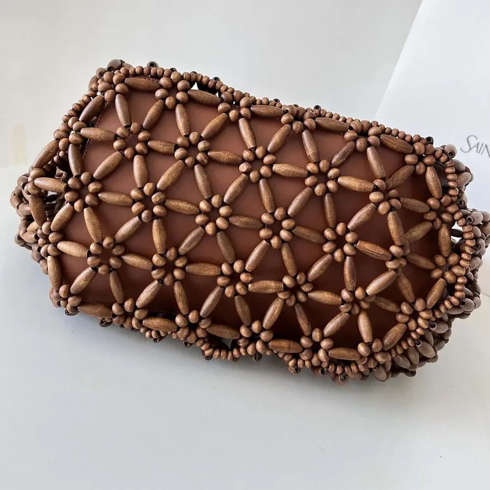 Saint Laurent YSL Icare Medium In Wood Beads Dark Brown for Women Saint Laurent YSL Icare Medium In Wood Beads Dark Brown for Women