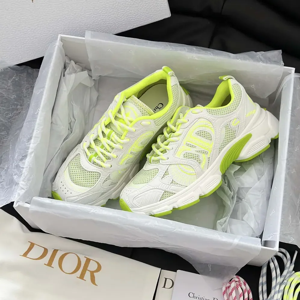 Dior Chrono Sneaker White and Lime Green Mesh with Leather for Unisex in Effect Panels Dior Chrono Sneaker White and Lime Green Mesh with Leather for Unisex in Effect Panels