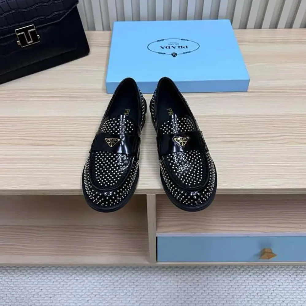 Prada Chocolate Satin Loafers with Crystals for Women in Black