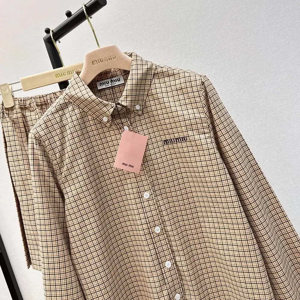 Miu Miu Checked Shirt with Embroidered Logo for Women Miu Miu Checked Shirt with Embroidered Logo for Women