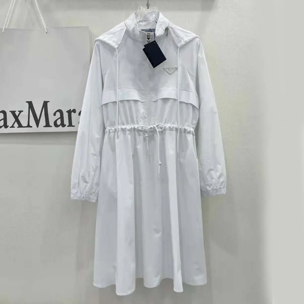Prada Hooded Poplin Dress with Embroidered Triangle Logo for Women