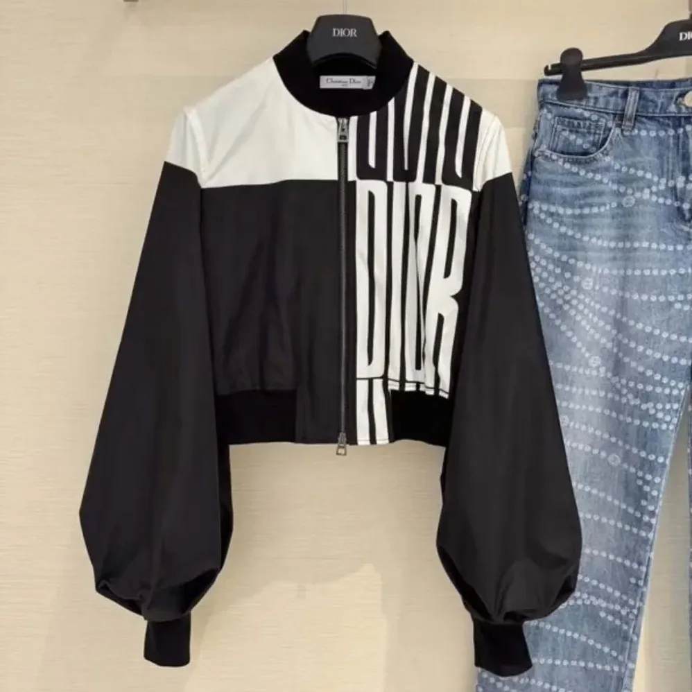Dior Cropped Bomber Jacket with Bishop Sleeves Black and White Jacquard for Women Dior Cropped Bomber Jacket with Bishop Sleeves Black and White Jacquard for Women