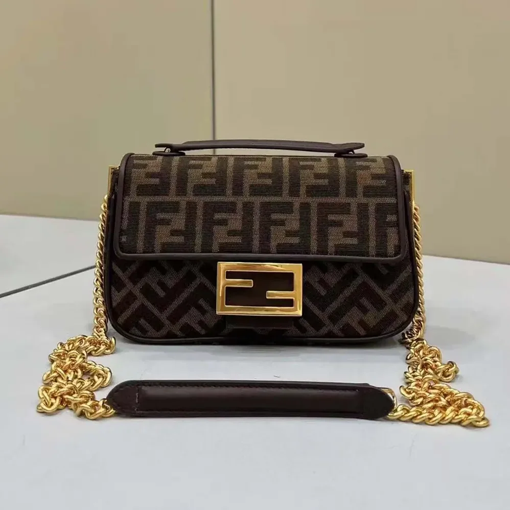 Fendi Baguette Chain MidiBrown FF Jacquard Fabric Bag for Women