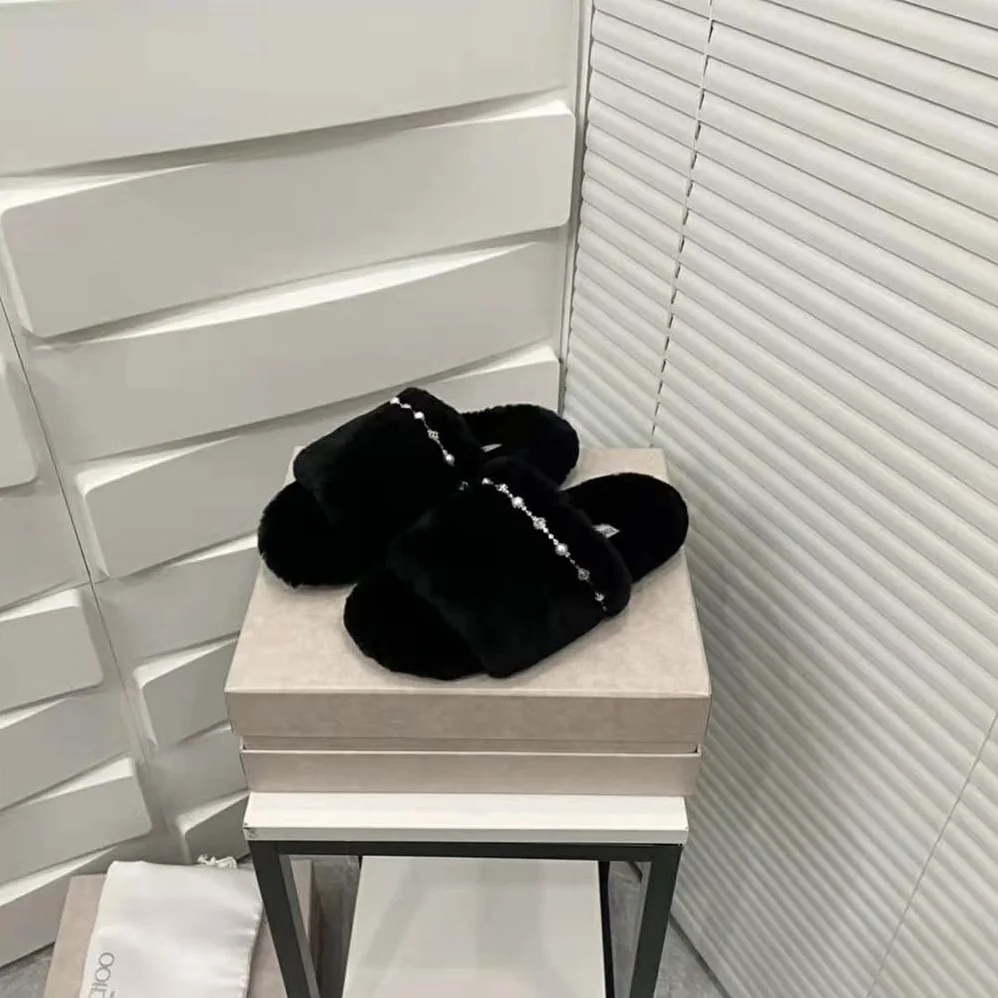 Jimmy Choo Acinda Slipper Black Shearling Slippers with Crystal and Pearl Detailing for Women