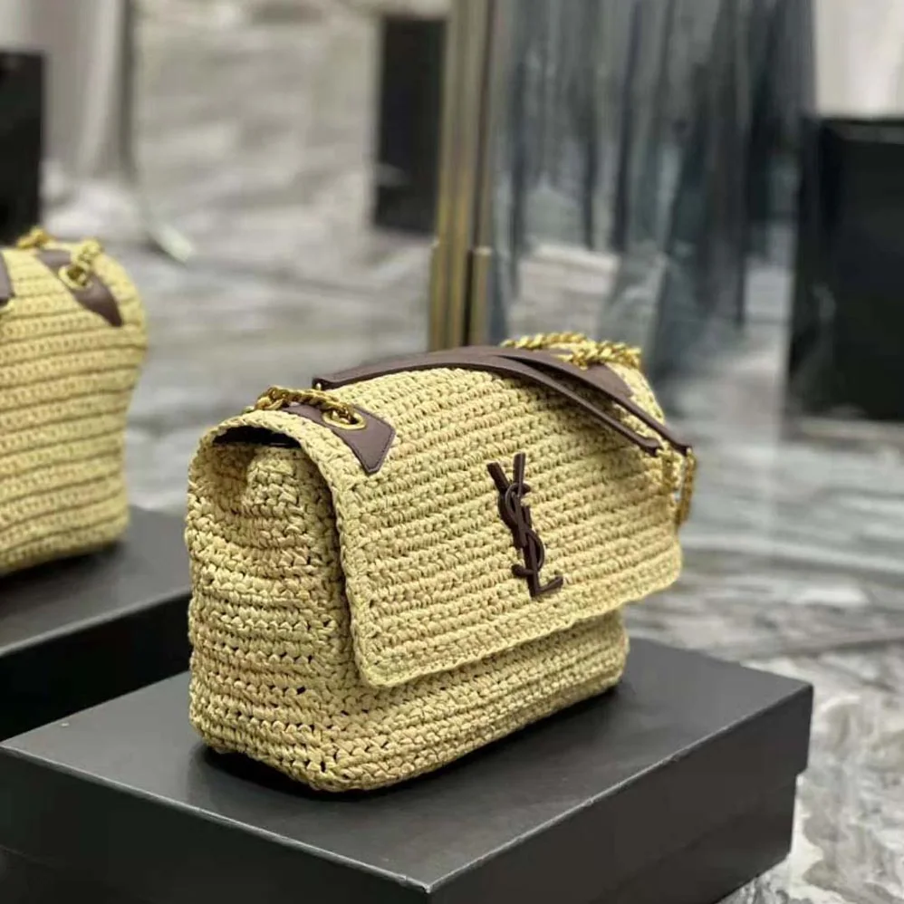 Saint Laurent YSL Niki Medium Chain Bag in Raffia and Leather for Women in Brown