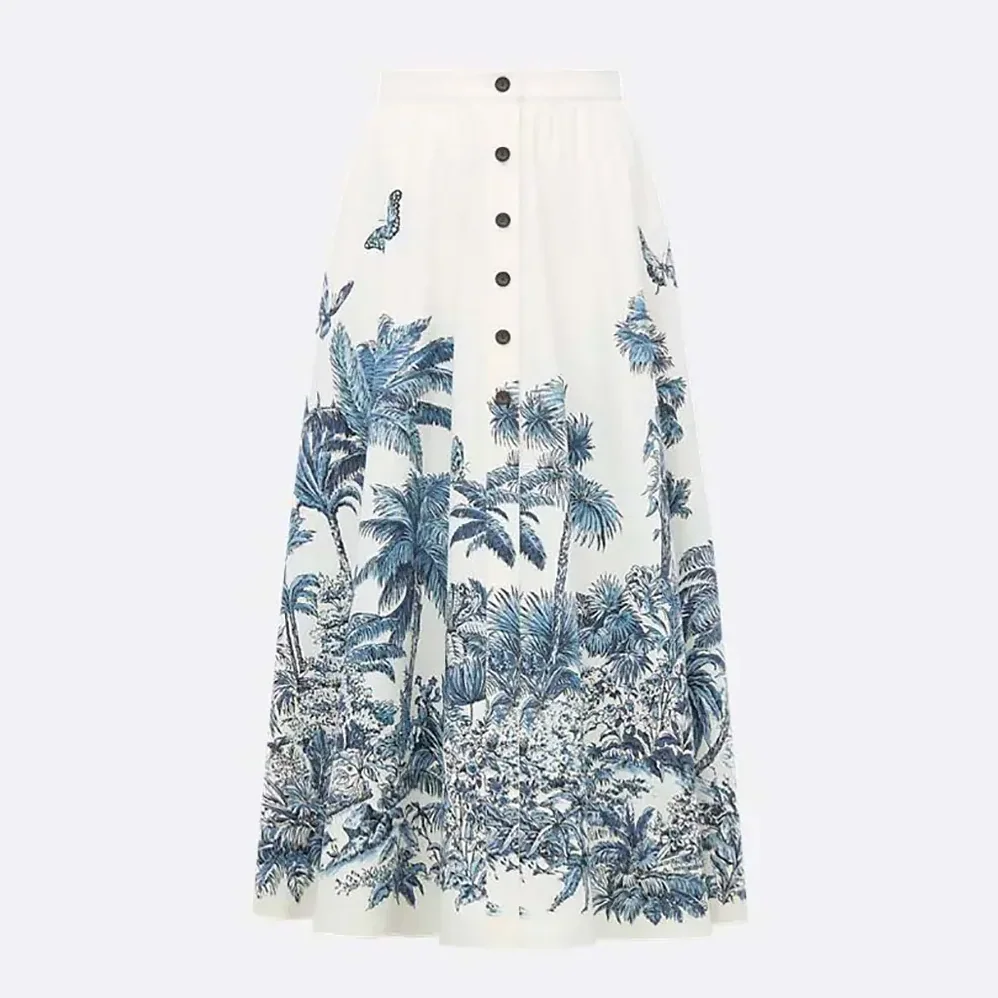 Dior Dioriviera Mid-Length Flared Skirt White and Blue Toile de Jouy for Women