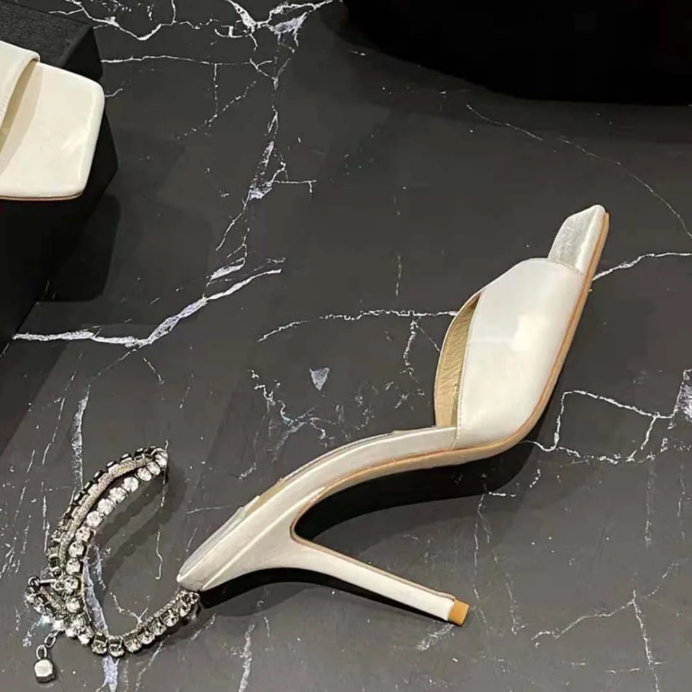 Jimmy Choo Saeda Sandal 100 Ivory Satin Sandals with Crystal Embellishment for Women Jimmy Choo Saeda Sandal 100 Ivory Satin Sandals with Crystal Embellishment for Women