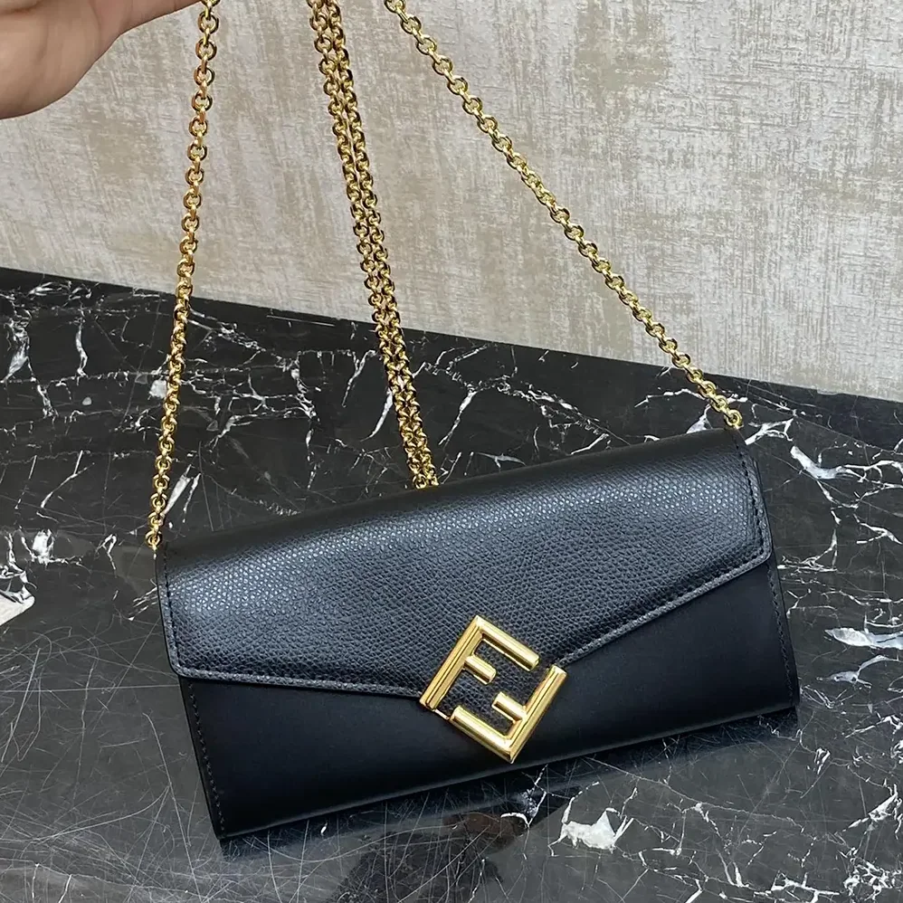 Fendi FF Diamonds Continental With Chain Black Leather Wallet for Women Fendi FF Diamonds Continental With Chain Black Leather Wallet for Women