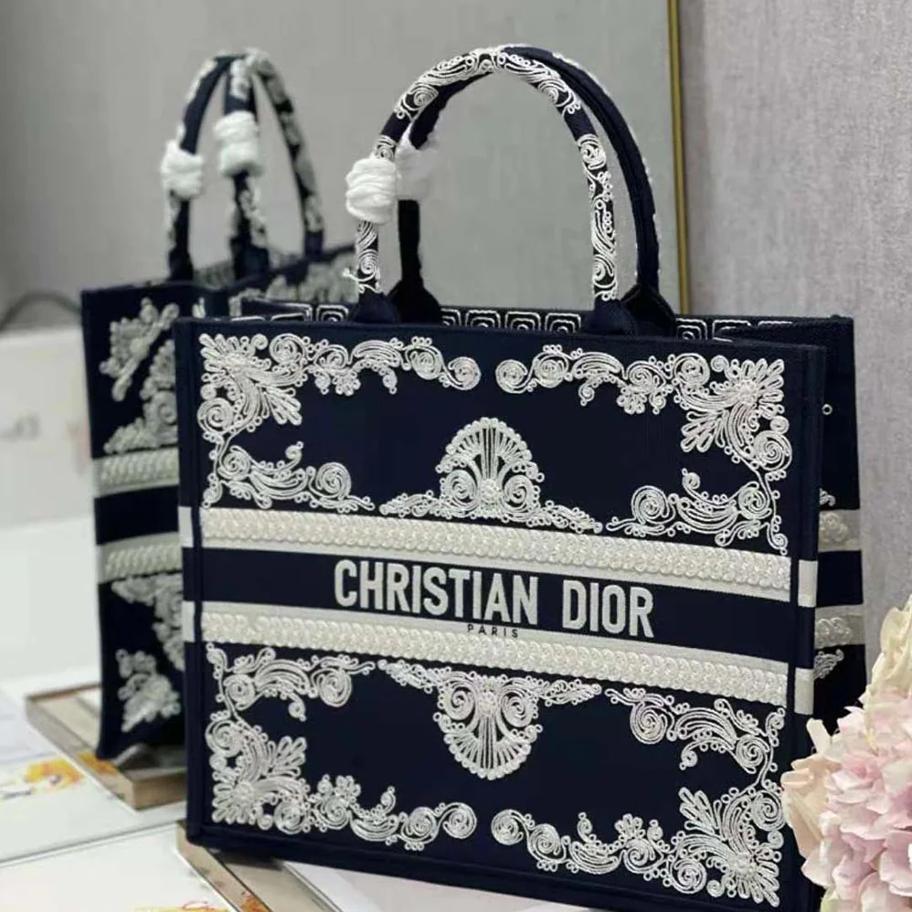 Dior Large Dior Book Tote Blue and White Cornely for Women in Effect Embroidery