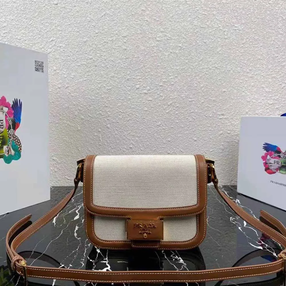 Prada Prada Embleme Bag in Linen Blend and Leather for Women Prada Prada Embleme Bag in Linen Blend and Leather for Women