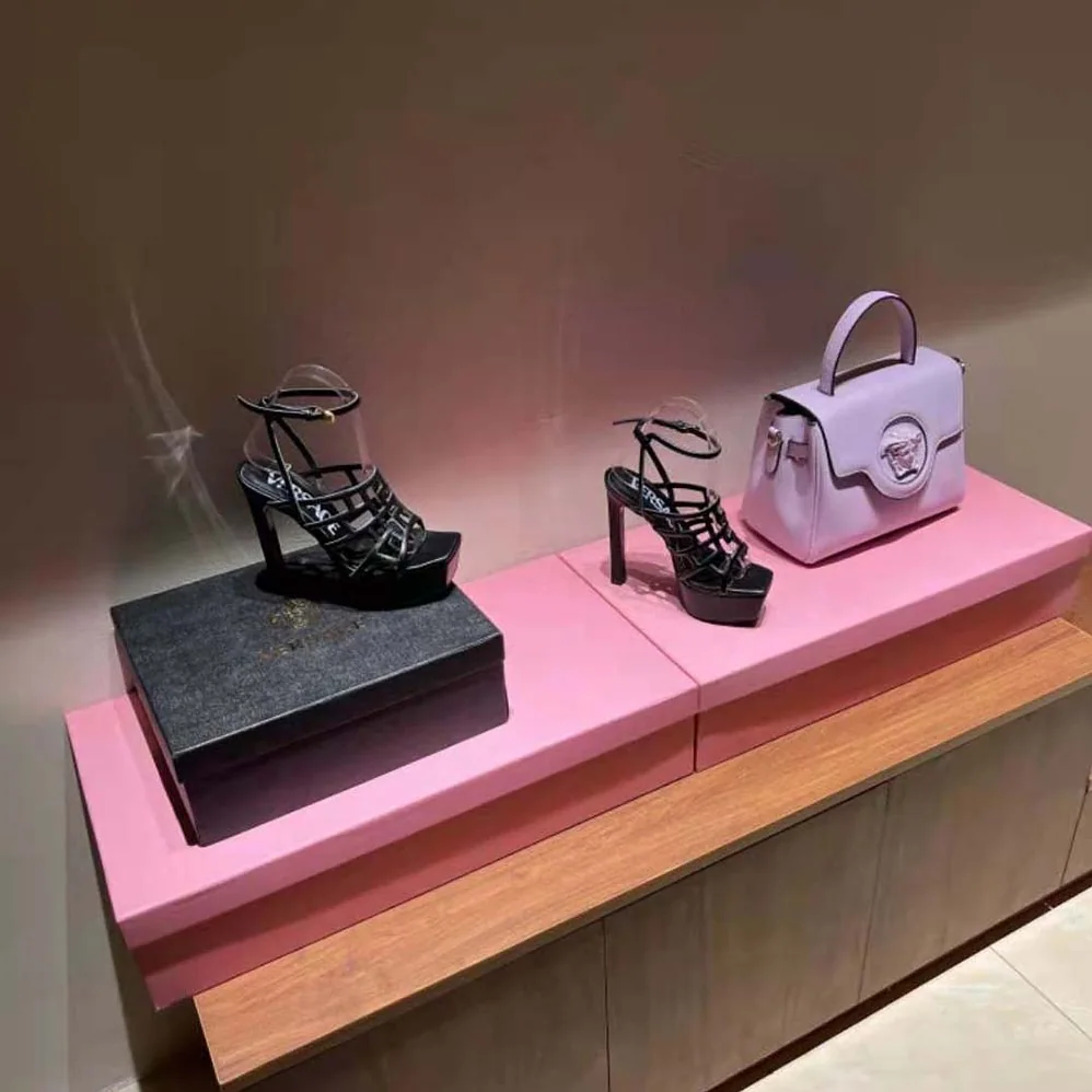 Versace Greca Maze Platform Sandals in 15cm Heel Height for Women in Black