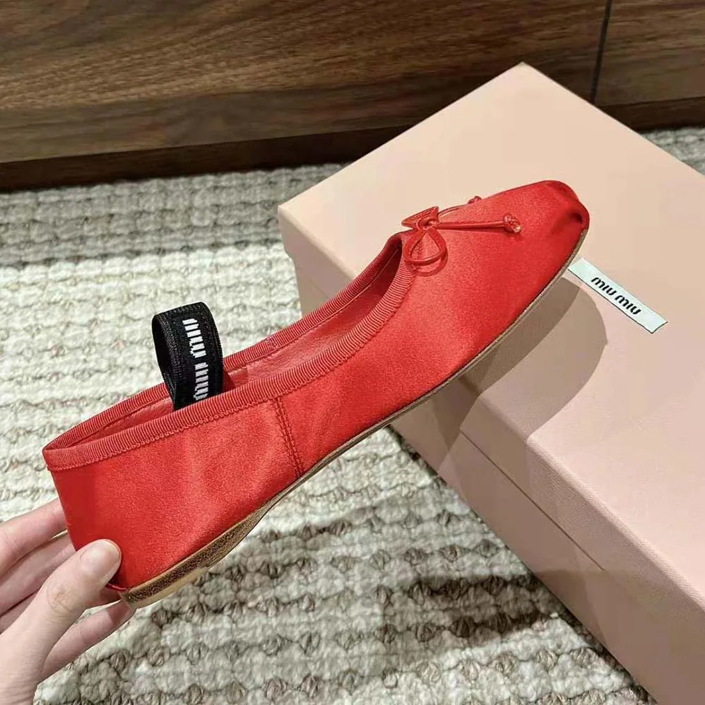 Miu Miu Satin Ballerinas with Knit Logo Label for Women in Red