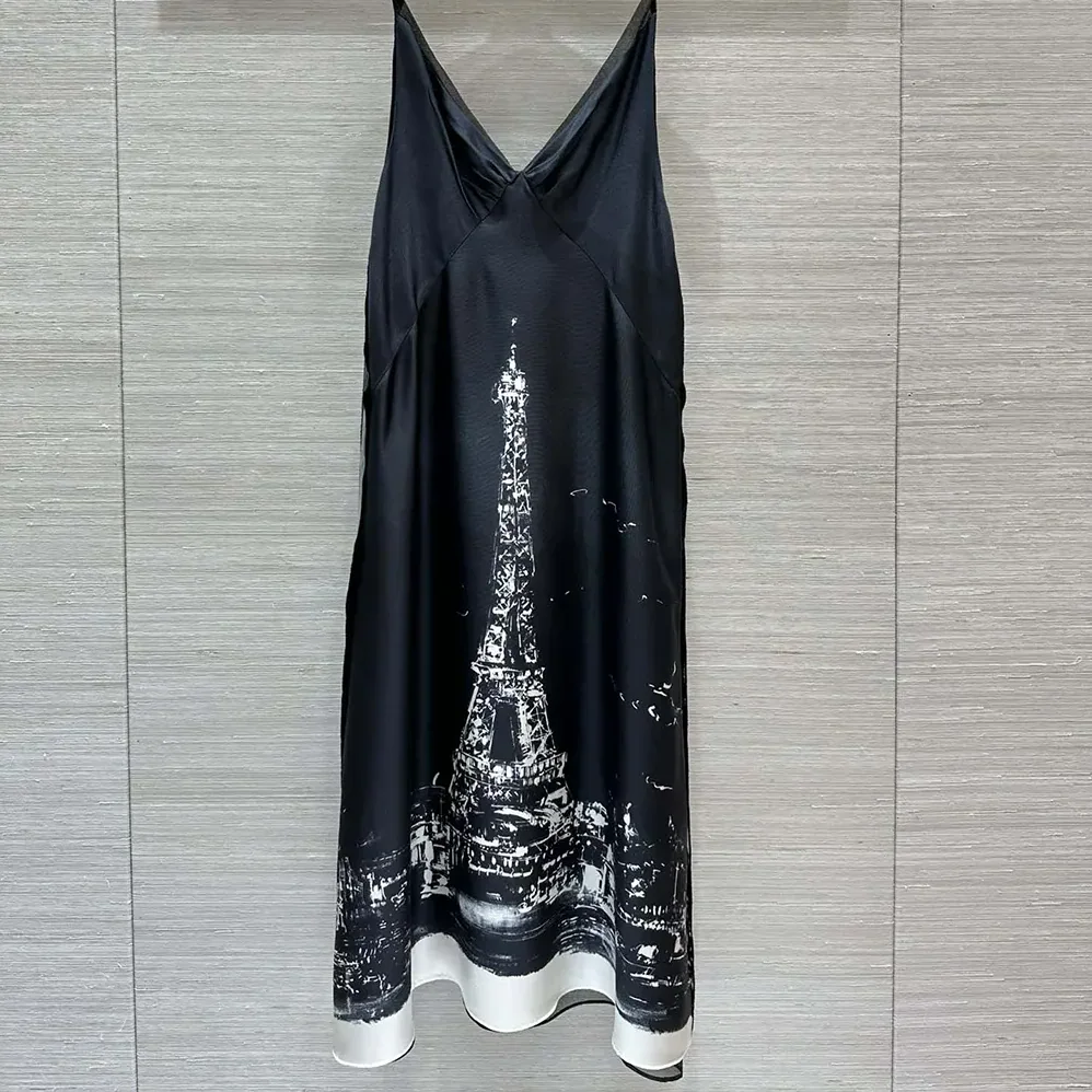Dior A-Line Mid-Length Dress Black and White Silk Twill with Paris Motif for Women Dior A-Line Mid-Length Dress Black and White Silk Twill with Paris Motif for Women