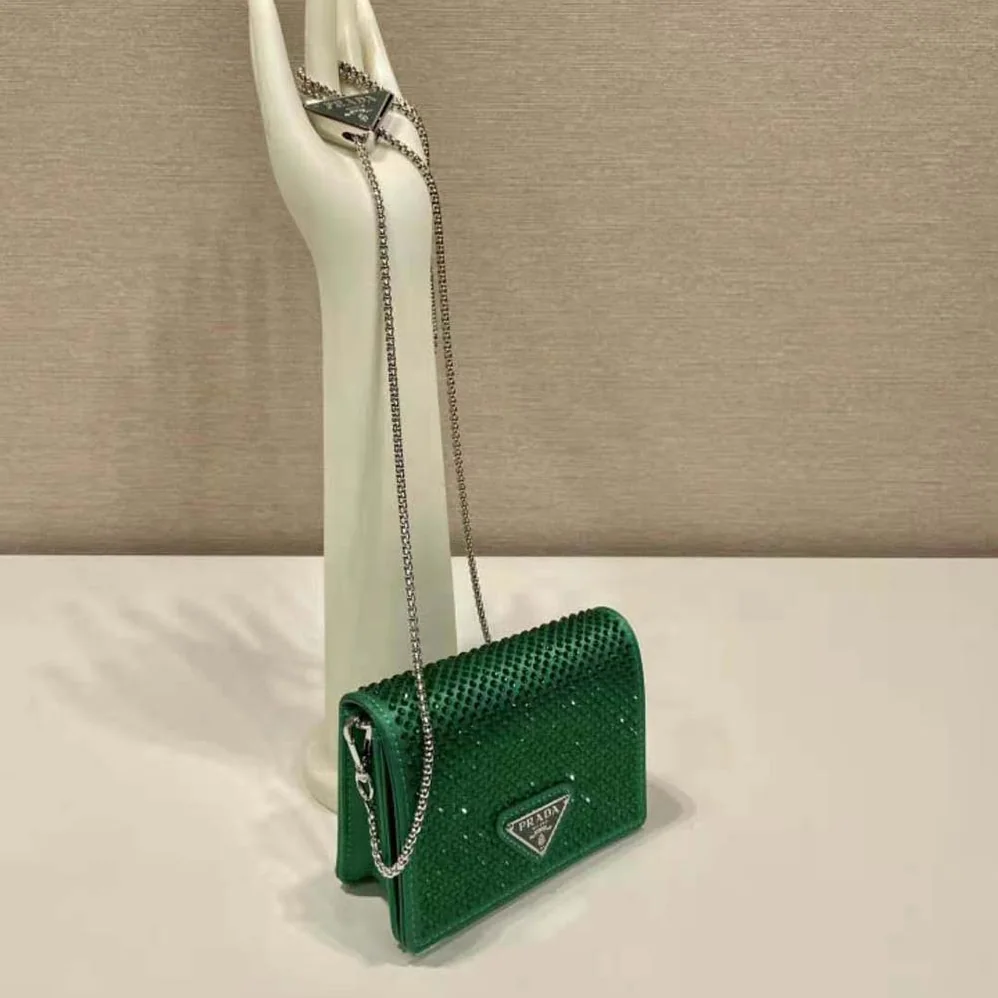 Prada Cardholder with Shoulder Strap and Crystals for Women in Green Prada Cardholder with Shoulder Strap and Crystals for Women in Green