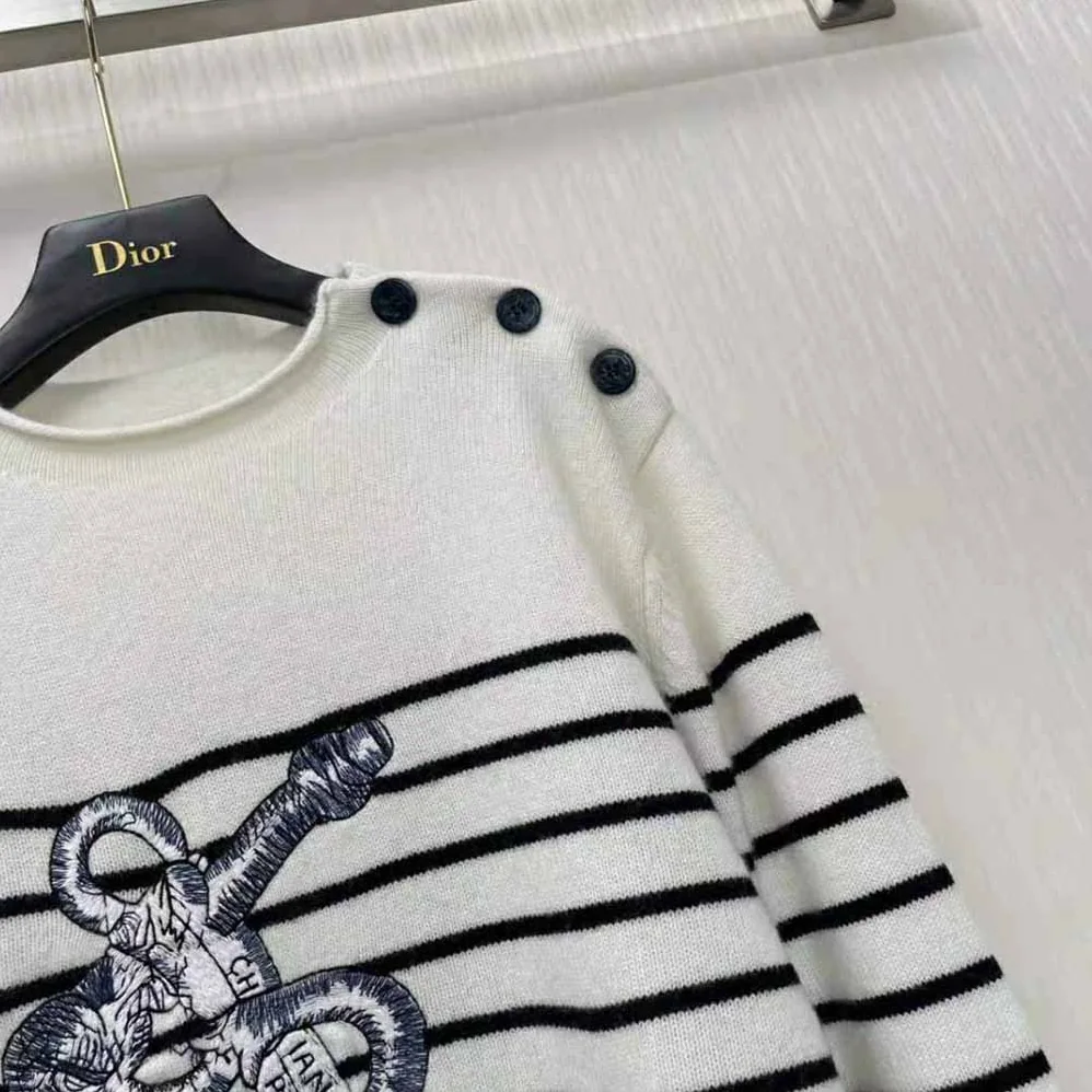 Dior Mariniere Embroidered Sweater Ecru Cashmere Knit for Women Dior Mariniere Embroidered Sweater Ecru Cashmere Knit for Women