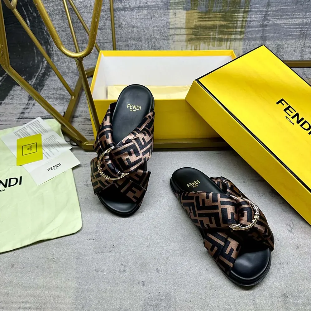 Fendi Feel Brown FF Satin Slides for Women