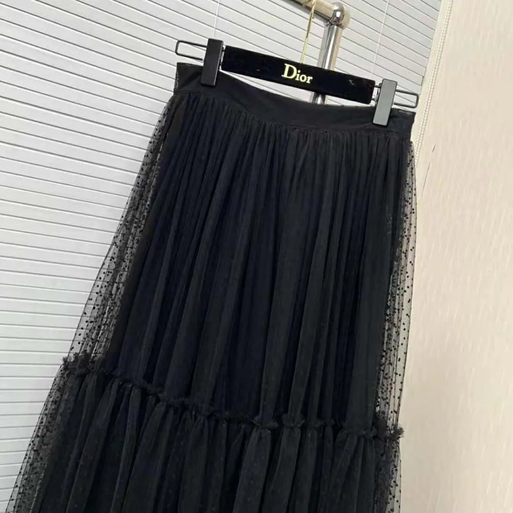 Dior Flared Mid-Length Skirt Black Plumetis Tulle for Women