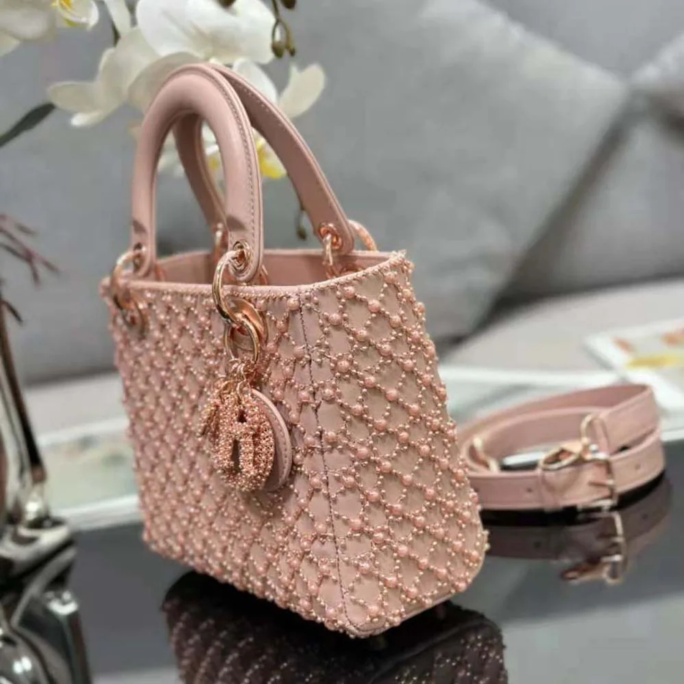 Dior Small Lady Dior Bag Rose Des Vents Cannage Calfskin Embroidered with Resin Pearls for Women Dior Small Lady Dior Bag Rose Des Vents Cannage Calfskin Embroidered with Resin Pearls for Women