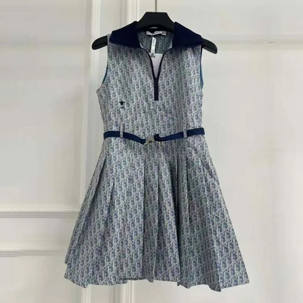 Dior Pleated Short Dress Light Blue and Ecru Technical Taffeta Jacquard for Women Dior Pleated Short Dress Light Blue and Ecru Technical Taffeta Jacquard for Women