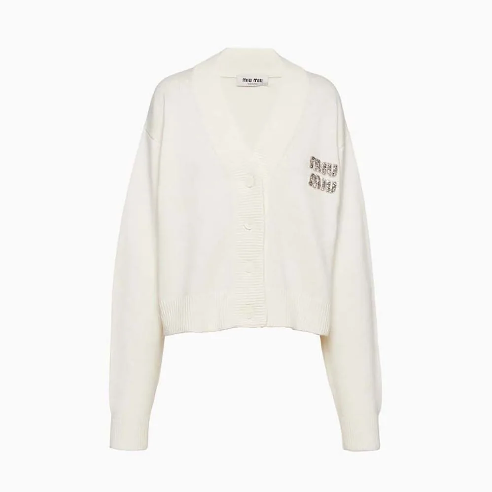Miu Miu Cashmere Cardigan Features an Embroidered Logo for Women in White Miu Miu Cashmere Cardigan Features an Embroidered Logo for Women in White